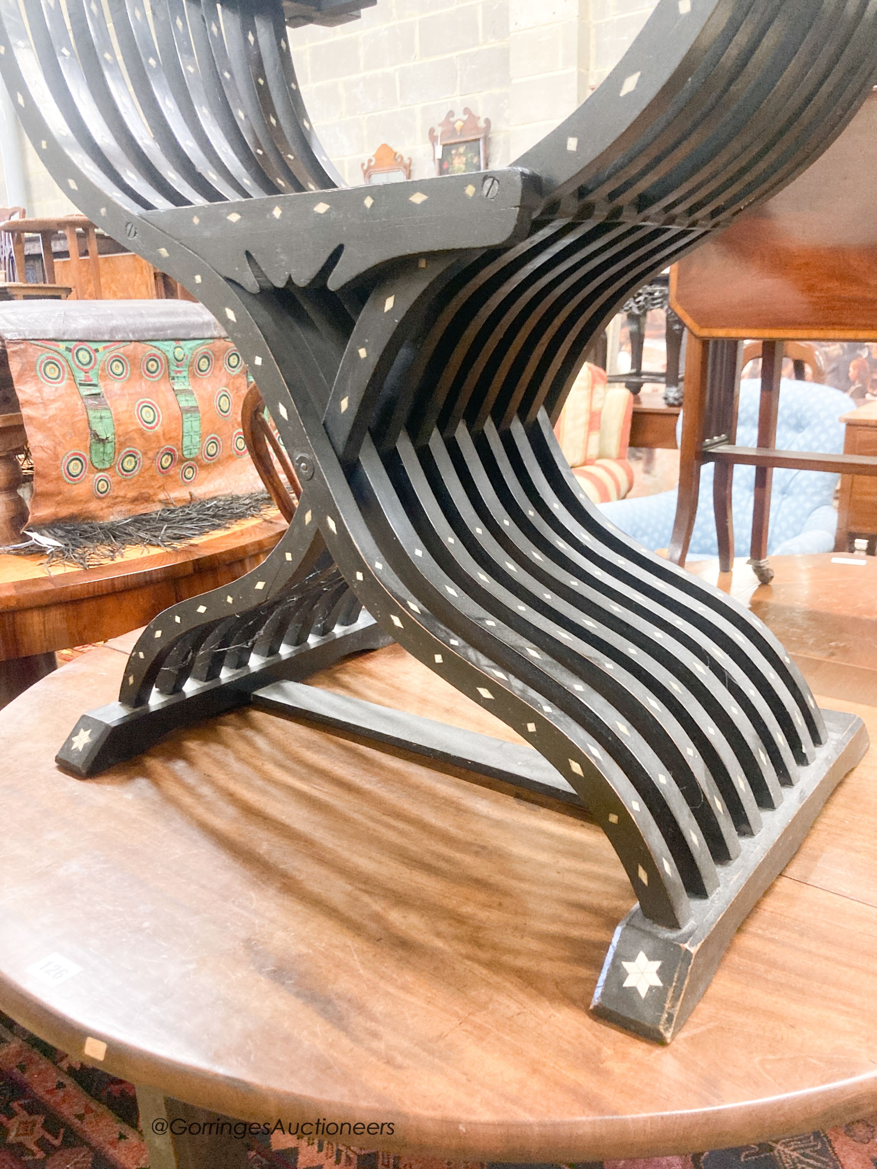 A late 19th century Italian bone inlay Savaranola chair, width 72cm, depth 34cm, height 97cm